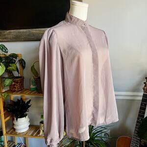 Vintage 70s Sheer Tan White Striped Regency Blouse Size Large